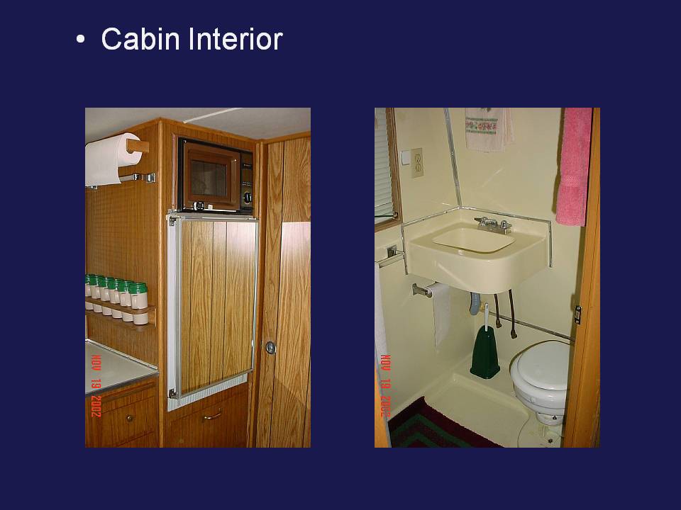 Cabin interior, refrigerator and head